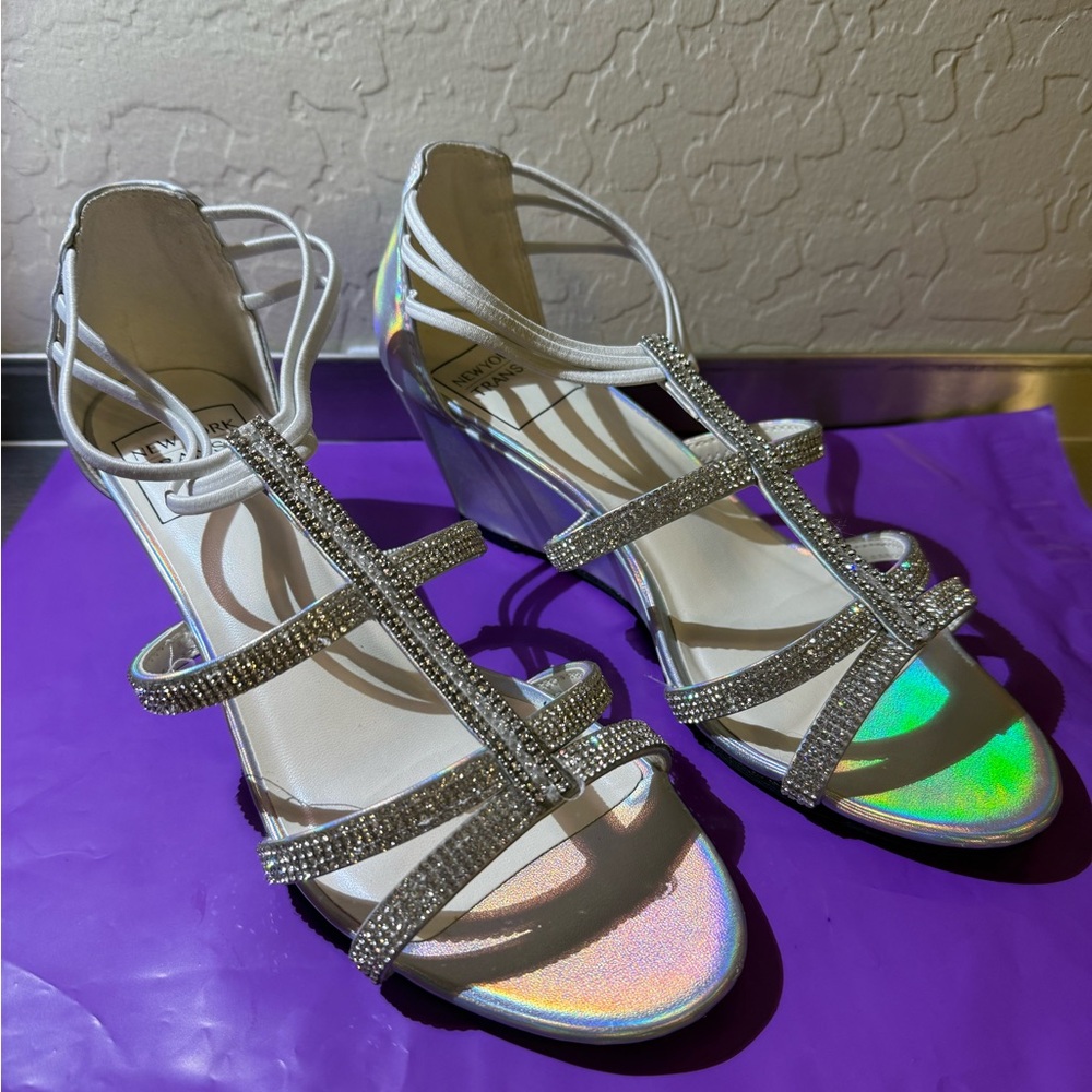 New York Transit Baguette Wedge Sandal, Holographic Silver Bridal Evening Shoes